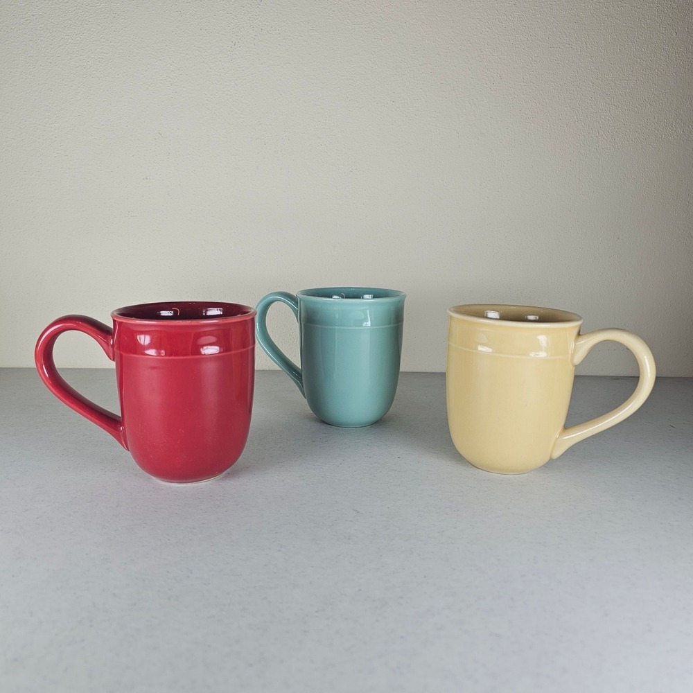 3 Food Network Mugs Fontina Lg Handle Coffee Cups Aqua, Red, Yellow